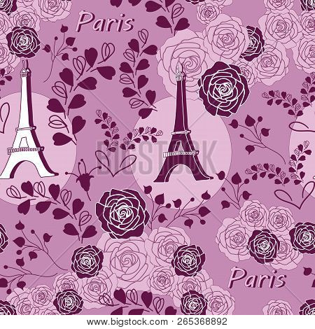 Roses On Eiffel -love In Parise Seamless Repeat Pattern. Background Illustration With Eiffel Tower A