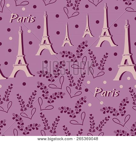 Eiffel Tower And Lavender Flowers-love In Parise Seamless Repeat Pattern Background In Pink And Purp