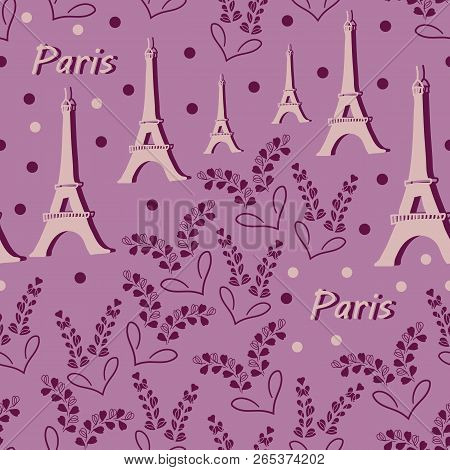Eiffel Tower And Lavender Flowers-love In Parise Seamless Repeat Pattern Background In Pink And Purp