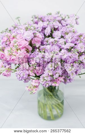 Bouquet Of Beautiful Lilac Color Gillyflower, Levkoy Or Matthiola. Spring Flowers In Vase On Wooden 