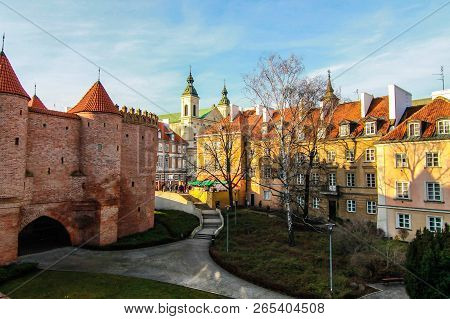 The Old Town And The Defensive Tower Barbakan In Warsaw Poland