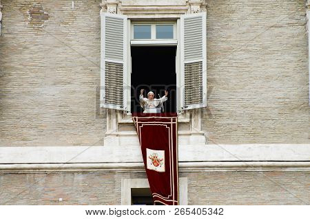 Vatican City, Vatican - March 21, 2010: Pope Benedict Xvi Salutes The Faithful During Sunday Mass At
