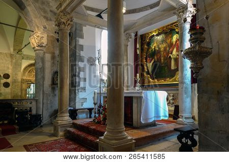 Korcula, Croatia, August 1, 2018: Altarpiece Painted By Tintoretto In The Cathedral Of Saint Mark In