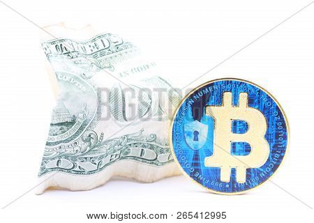 Blurred Crumpled Dollar Money And Different Bitcoin