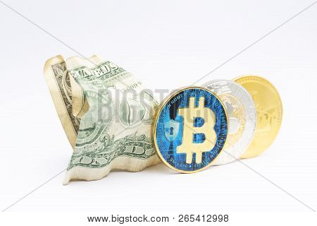 Blurred Crumpled Dollar Money And Different Bitcoin