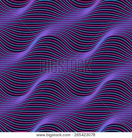 Ultra Violet Seamless Pattern With Wavy Lines. Purple Mystery Ultraviolet Luminescence Background.