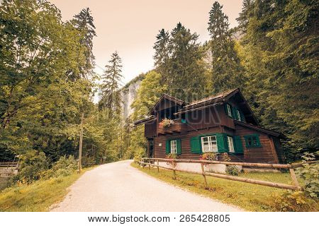 Autumn Mountain Forest Road House Landscape. Mountain Forest Road House In Autumn Season. Autumn Mou