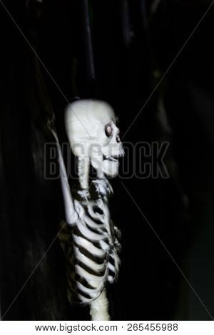 Skeleton Hanging In The Darkness Ready To Scare People. Intentional Motion Blur To Convey Movement A