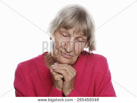 Healthcare, Medical And People Concept: Dsf Elderly Woman Over White Background