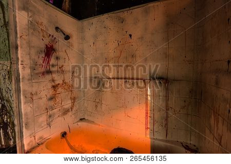 Bloody Gory Bathroom Shower Stall  With Handprints And Smears