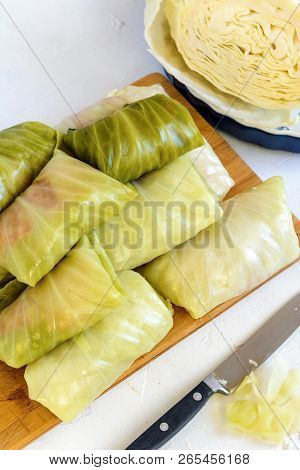 Cabbage Rolls Stuffed With Meat And Rice Prepared For Cooking.