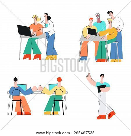Coworking Communication Vector Illustration Set In Trend Flat Style.