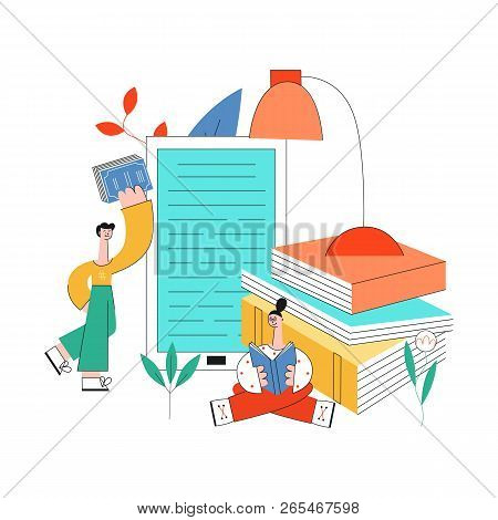 Education Vector Illustration With Young Students Reading Books Surrounded By Big School Supplies.