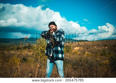 Wildlife Hunting. Hunter With Shotgun Gun On Hunt