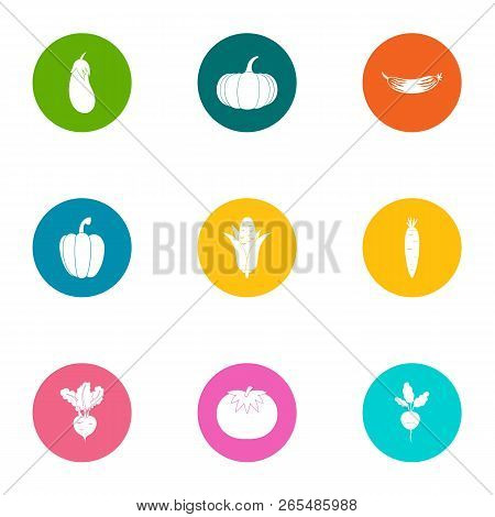 Tropical Vegetable Icons Set. Flat Set Of 9 Tropical Vegetable Icons For Web Isolated On White Backg
