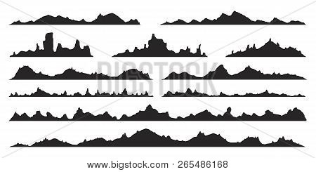 Mountains Silhouettes On The White Background. Wide Semi-detailed Panoramic Silhouettes Of Highlands