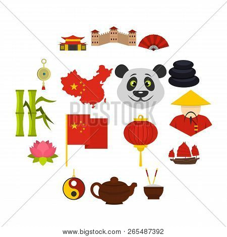 China Travel Symbols Icons Set In Flat Style Isolated Illustration