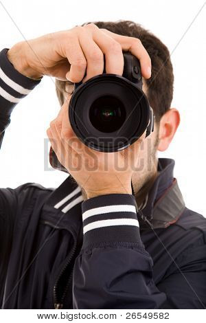 Close-up of a young photographer with camera, isolated on white