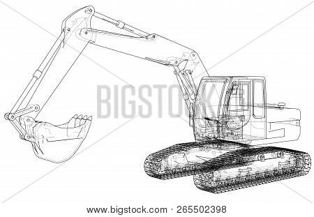 Excavator Concept Outline. Vector Rendering Of 3d. Wire-frame Style. The Layers Of Visible And Invis