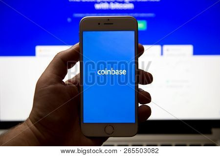 Tula, Russia - August 28, 2018: Coinbase - Buy Bitcoin And More, Secure Wallet Mobile App On The Dis