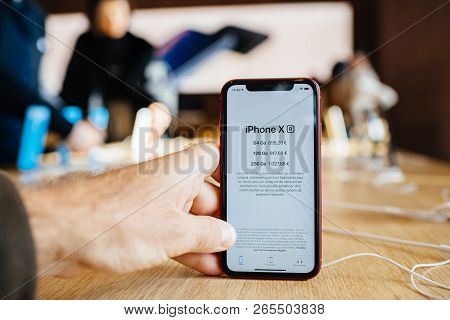 Paris, France - Oct 26, 2018: Latest Iphone Xr Smartphone In Apple Store Computers During The Launch
