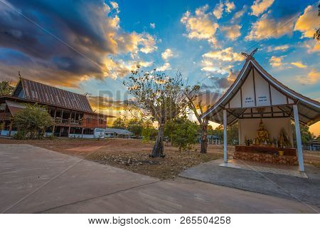 Sakon Nakhon, Thailand, February, 15 - Sunset In The Temple Of Sakon Nakhon Province Village, Isan, 