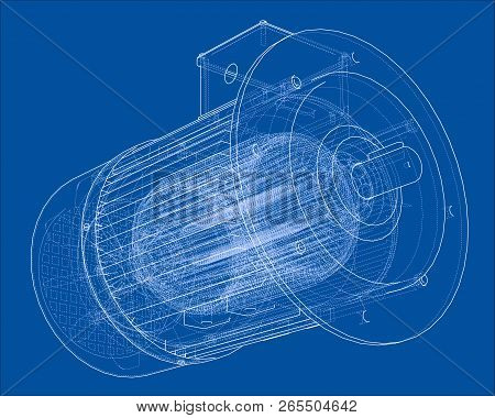 Electric Motor Sketch. Vector Rendering Of 3d. Wire-frame Style. The Layers Of Visible And Invisible