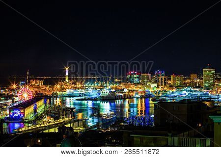 Genoa, (genova), Italy, November 27, 2017 - Night View Of The Ancient Harbor, City Of Genoa, Italy/ 