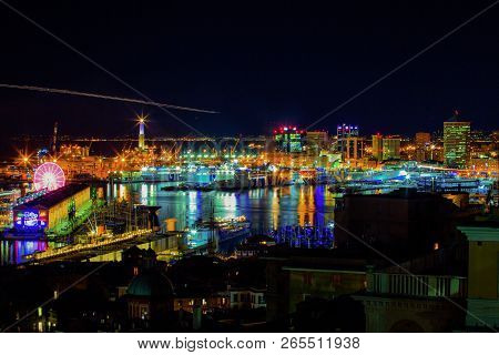 Genoa, (genova), Italy, November 27, 2017 - Night View Of The Ancient Harbor, City Of Genoa, Italy/ 