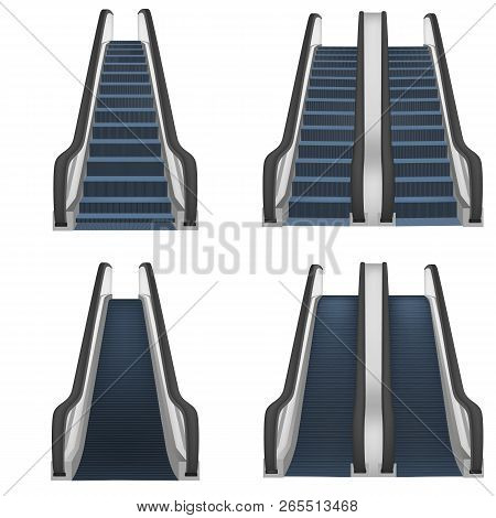 Escalator Elevator Stairs Lift Mockup Set. Realistic Illustration Of 4 Escalator Elevator Stairs Lif