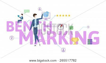 Benchmarking. Concept Table With People, Letters And Icons. Colored Flat Vector Illustration On Whit
