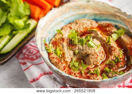 Babaganoush In A Plate On White Background. Plant Based Diet, Vegan Food Concept.