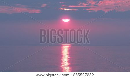 Bay At Sunset. Colorful Sunrise Landscape In Sea. Delicate Colors Of Early Morning In Blue And Pink 