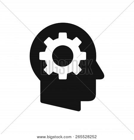 Human Head Profile With Gear Wheel Symbol, Headwork Simple Black Icon, Vector Illustration Isolated 