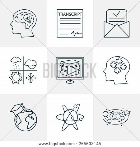 Education Icons Line Style Set With Admission Letter, Digital Library, Astronomy And Other Intellect