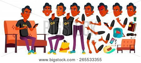 Teen Boy Vector. Animation Creation Set. Face Emotions, Gestures. Indian, Hindu. Asian. Friends, Lif