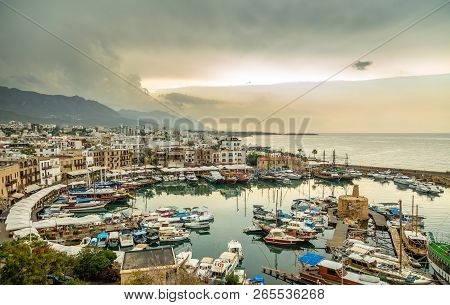 Kirenia Historical City Center, View To Marina With Yachts And Boats, North Cyprus
