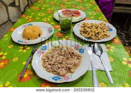 Meal In Baracoa, Cuba. Shrimps, Rice, Bananas, Vegetables And Mojito.