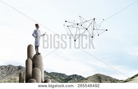 Young Female Doctor With Folder In Hands Satnding On Stone Column. 3d Rendering