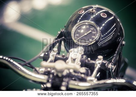 Close Up Shot With The Speedometer Of A Vintage Motorcycle.