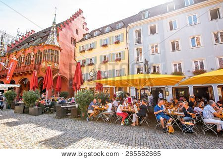Freiburg, Germany - September 10, 2017: Market Square With Restaurants And Bars Crowded With Tourist