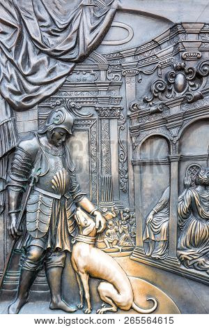 Prague, Czech Republic - November 30, 2912:  Old Ciry Square, Detail Of The Bronze Door Of The Churc