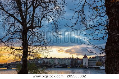 Prague, Czech Republic, View Of The City On The Moldava River At The Sunset