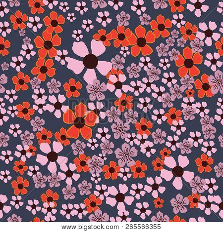 Red,pink And Purple Hand Drawn Flowers On Green Background Seamless Pattern.great For Invitations, F
