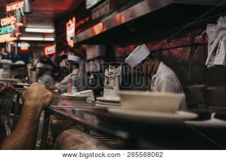 New York, Usa - May 29, 2018: Customers Waiting For Food At The Counter In Katzs Deli In New York, I