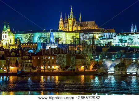 Prague, Czech Republic,  Night View Of The Mala Strana District And Castle  On The Moldava River