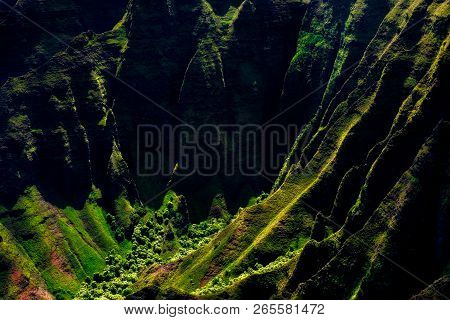 Landscape View Of Na Pali Coastline Cliffs In Dramatic Style, Kauai, Hawaii