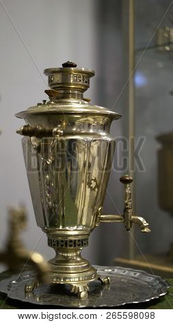 Bronze Samovar. Vintage Metal Copper Tea Samovar On White Background. Samovar Side View. Retro Soot 