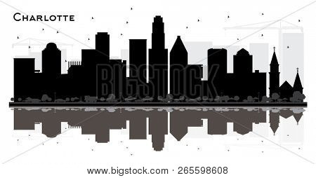 Charlotte City skyline black and white silhouette with Reflections. Simple flat concept for tourism presentation, banner, placard or web site. Charlotte Cityscape with landmarks.