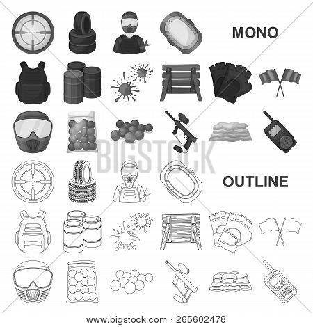 Paintball, Team Game Monochrom Icons In Set Collection For Design. Equipment And Outfit Vector Symbo